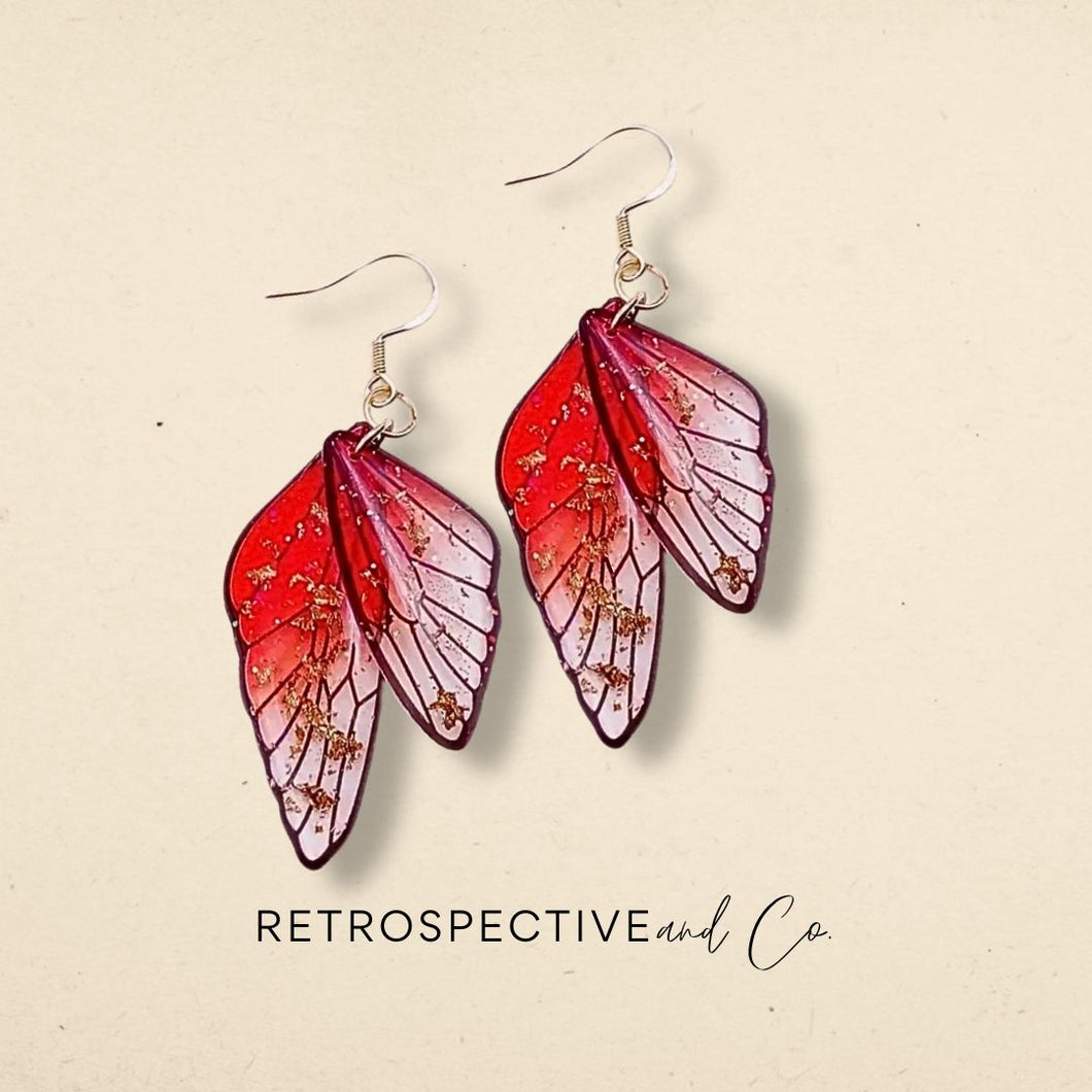 Butterfly wing dangle earrings [Red]