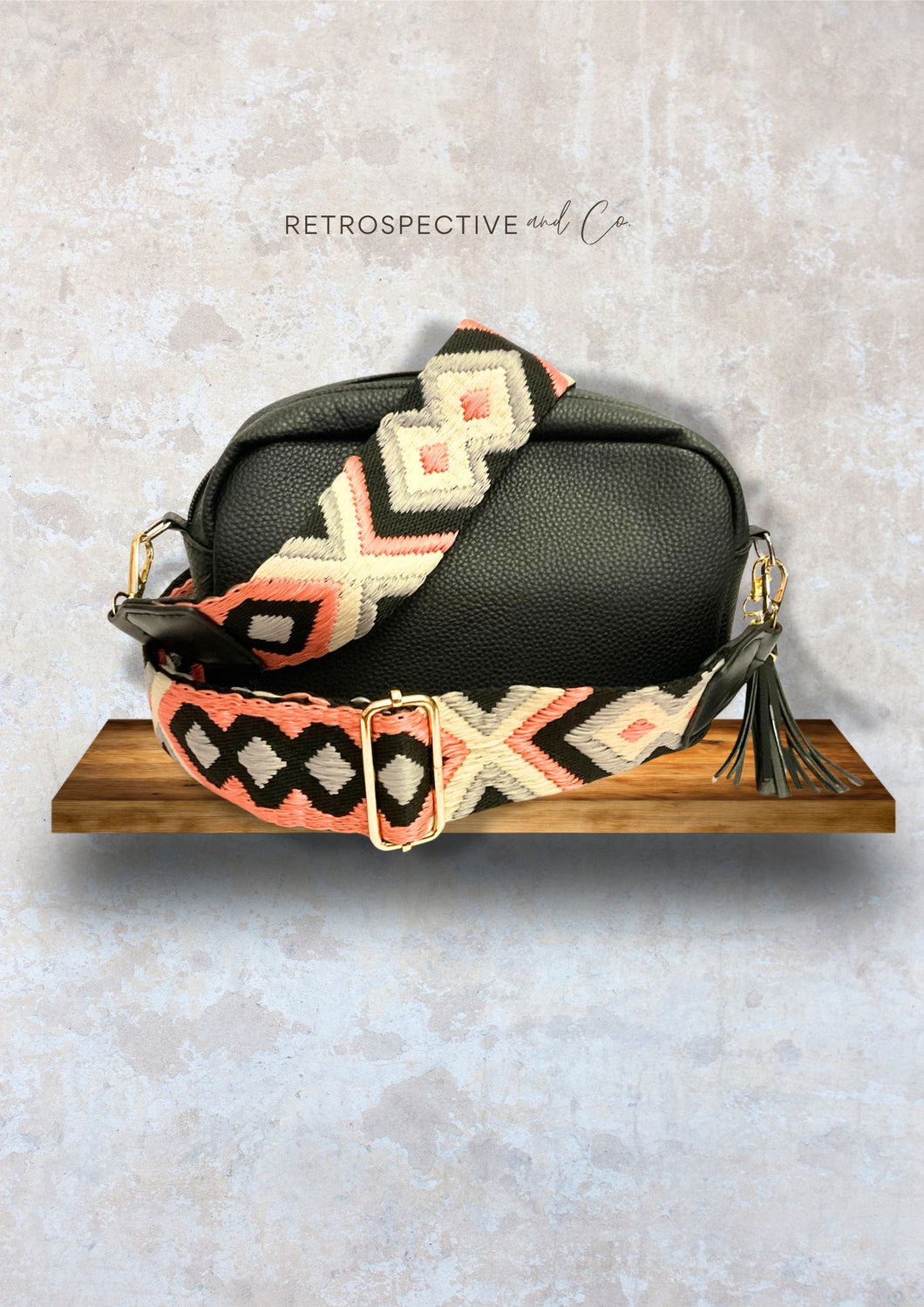 Geometric Wide embroidered Bag strap [coral/cream/black]