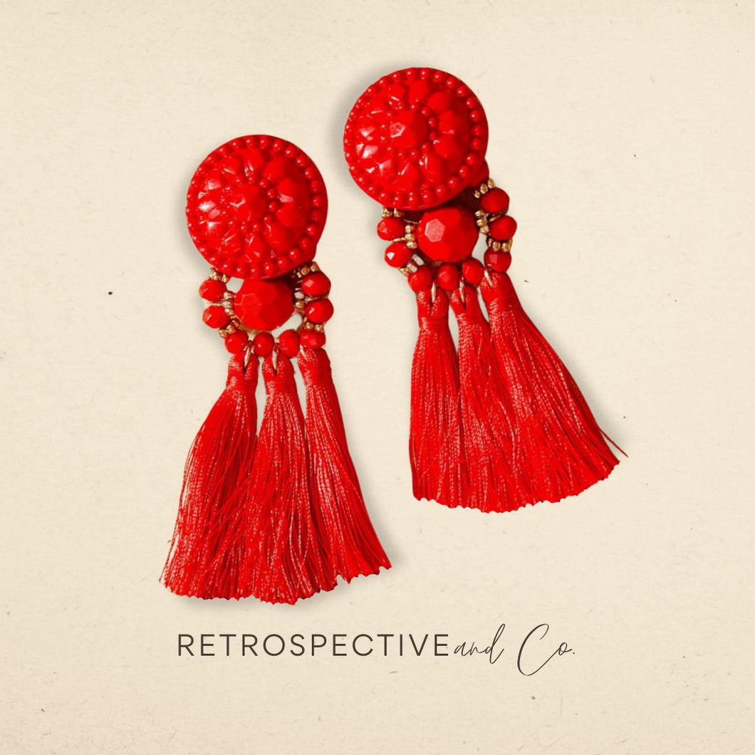 Ione beaded tassel drop Earrings [Red]