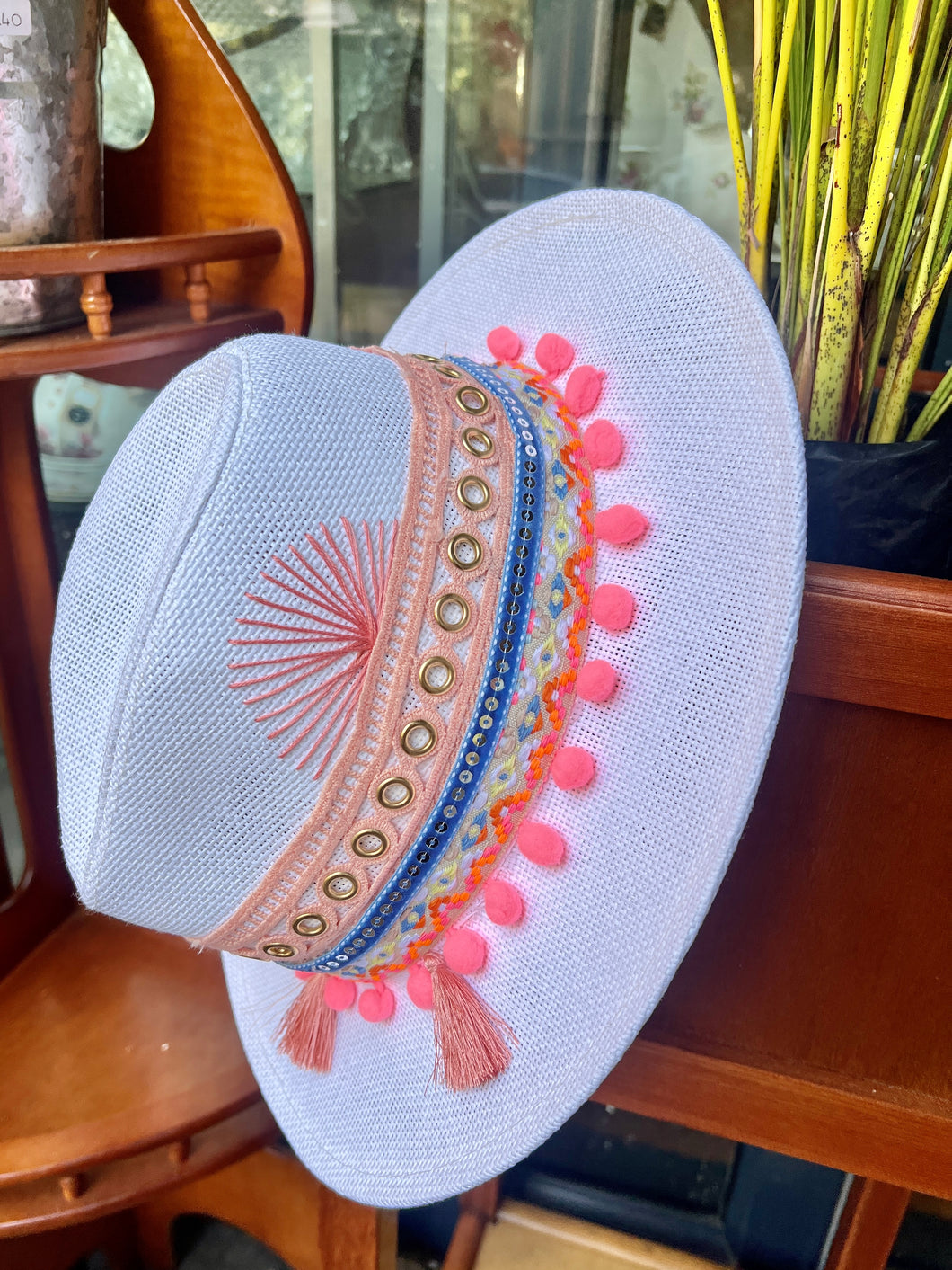 Boho festival Panama Hat [white/pinks/blue]