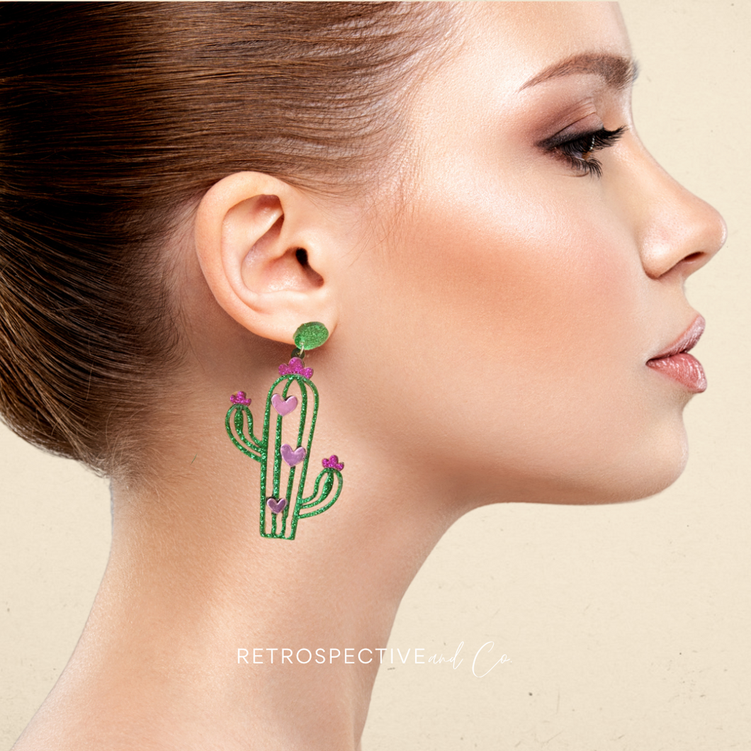 Clip on Sparkle Cactus Drop earrings [green]