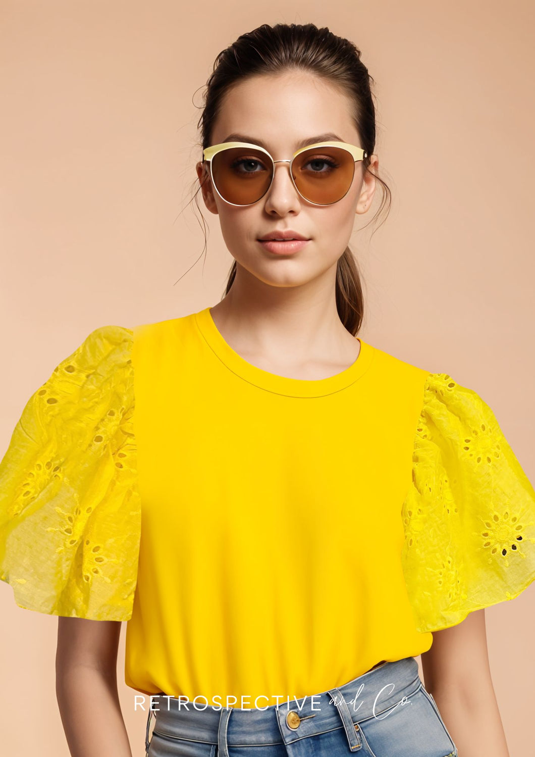 Embroidered flutter Sleeve Tee [yellow]